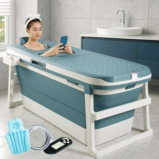 Large 6ft Foldable Bathtub for Adults (132cm) – Portable Soaking Spa with Real-Time Temperature Meter, Massage Rollers & Lid Folding Home Ice Bath & Hot Tub Bathing Tub (132L×62W×52H CM)