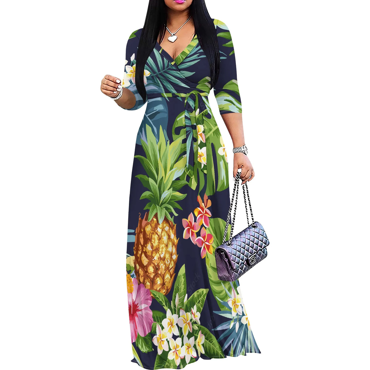 Women’s Floral Print Maxi Dress – V-Neck 3/4 Sleeve Summer Gown