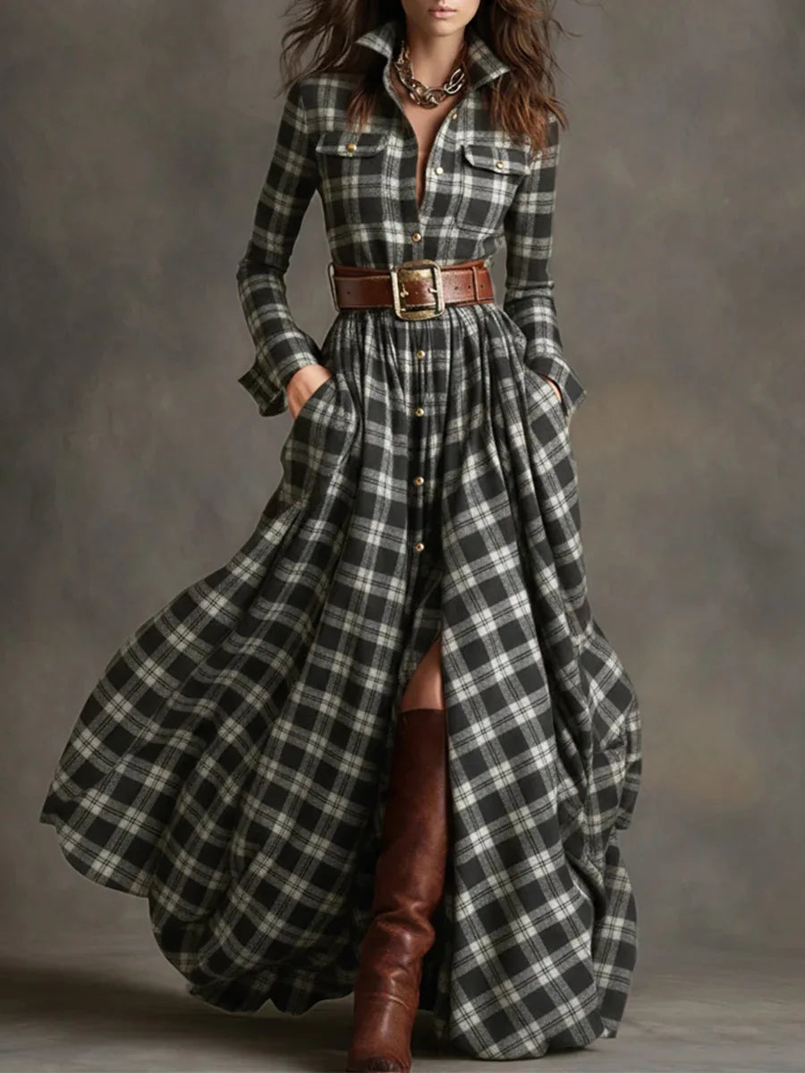 Owner Girl Plaid Long Dress | Trendy A-Line Button Style Women’s Wear