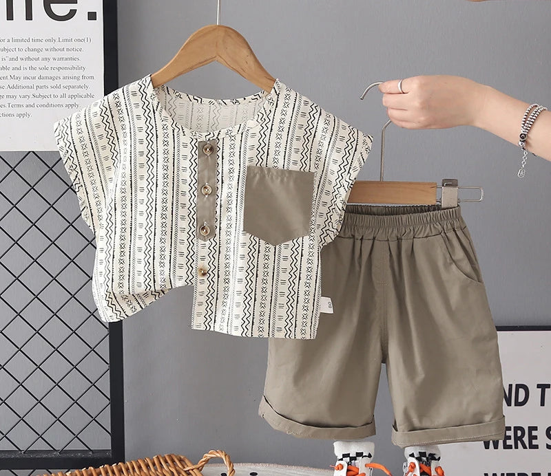 Kids Summer Wave Stripe Outfit Set – T-Shirt & Shorts (2-Piece Boys Wear)