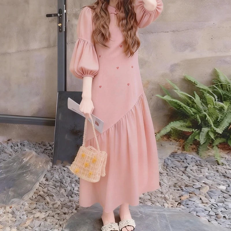 Women’s Printed Maxi Dress – Stand Collar Lantern Sleeve