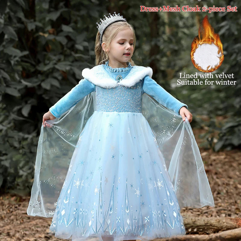Girls Blue Velvet Princess Dress with Cape