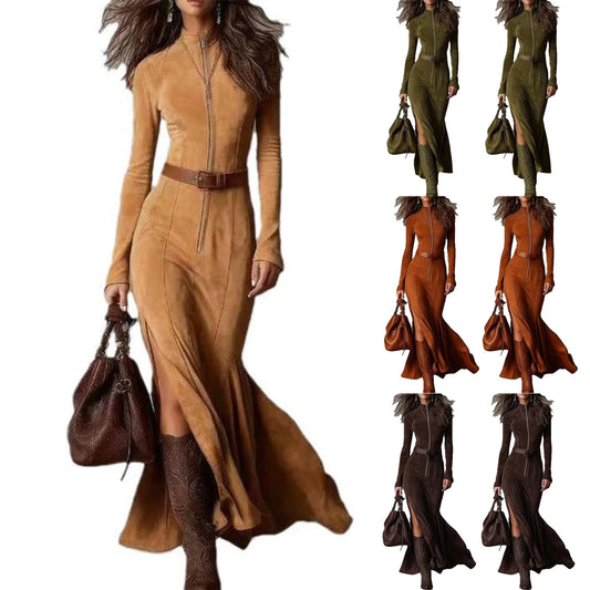 Women’s Ruched Wrap Maxi Dress – High Slit Ruffle Hem
