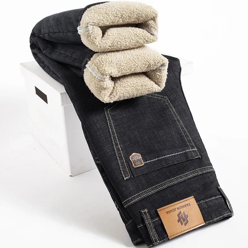 Men’s Winter Fleece Straight Jeans – High Waist Warm Denim
