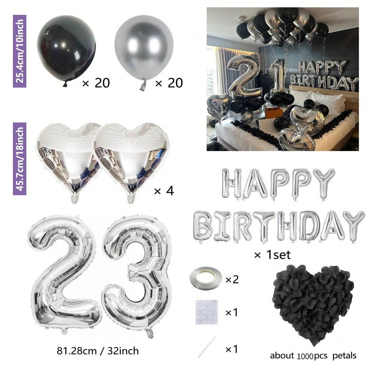 Black & Silver Birthday Balloon Decoration Set – 1050pcs Party Kit