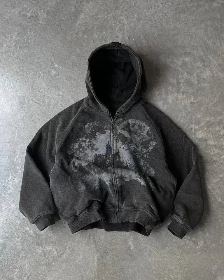 🔥 Men’s Skull Print Zip Up Hoodie – Black & Red Streetwear