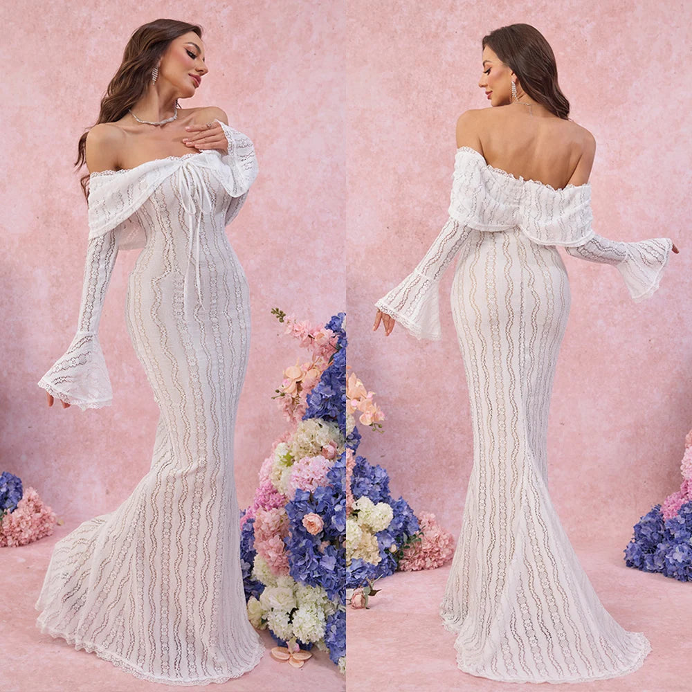 Women’s Lace Evening Gown – Long Sleeve Elegant Party Dress