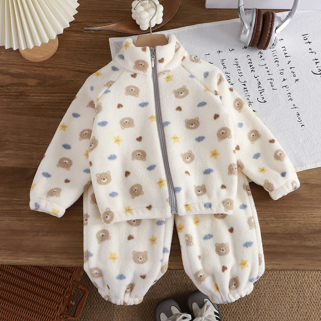 Premium Baby Girl Fleece Two-Piece Set – Plush Winter Cartoon Outfit