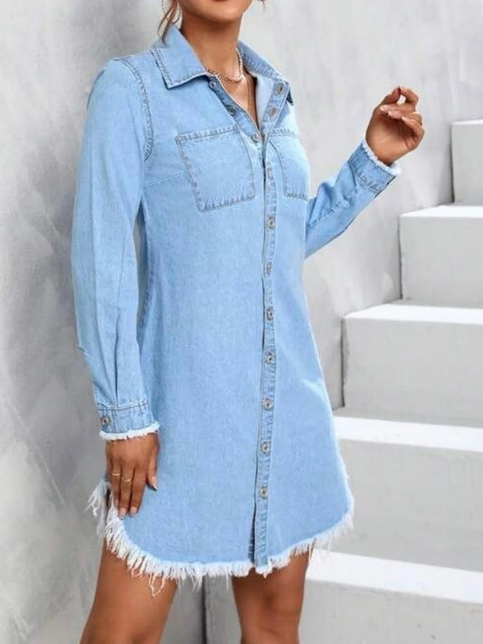 Blue Denim Long Sleeve Loose Fit Casual Shirt Dress for Women