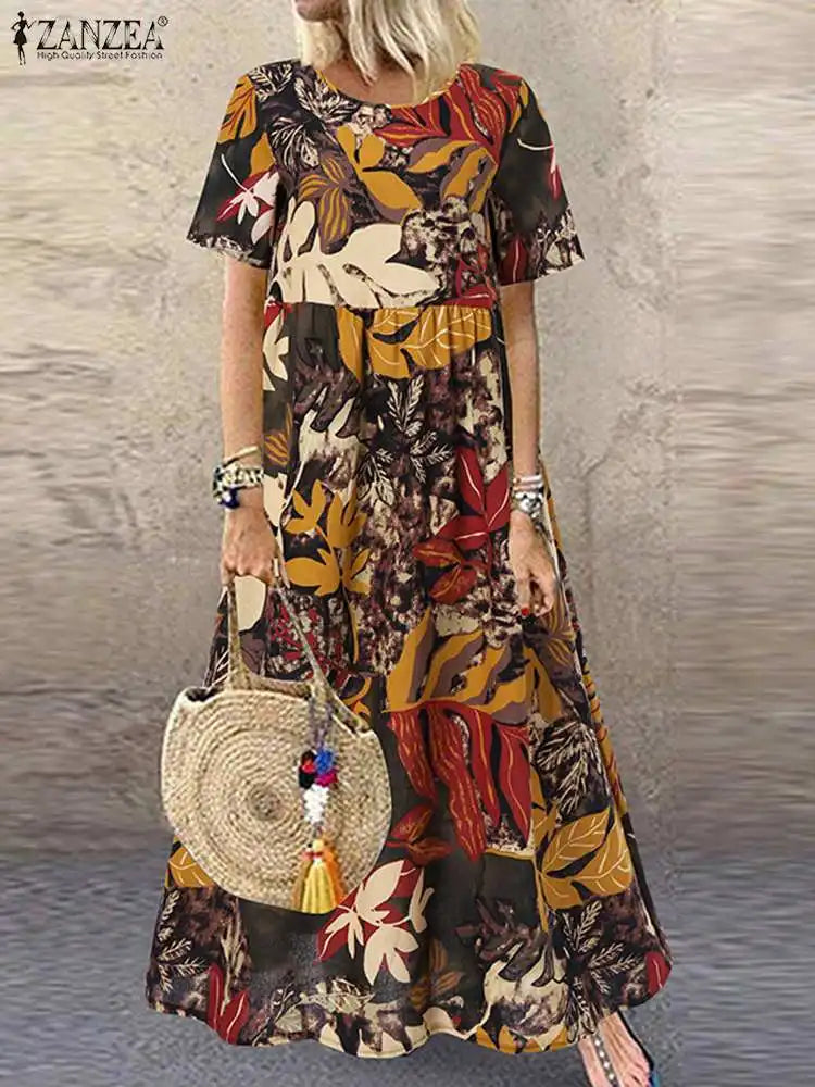 Women’s Bohemian Cotton Maxi Dress – Floral Print O-Neck