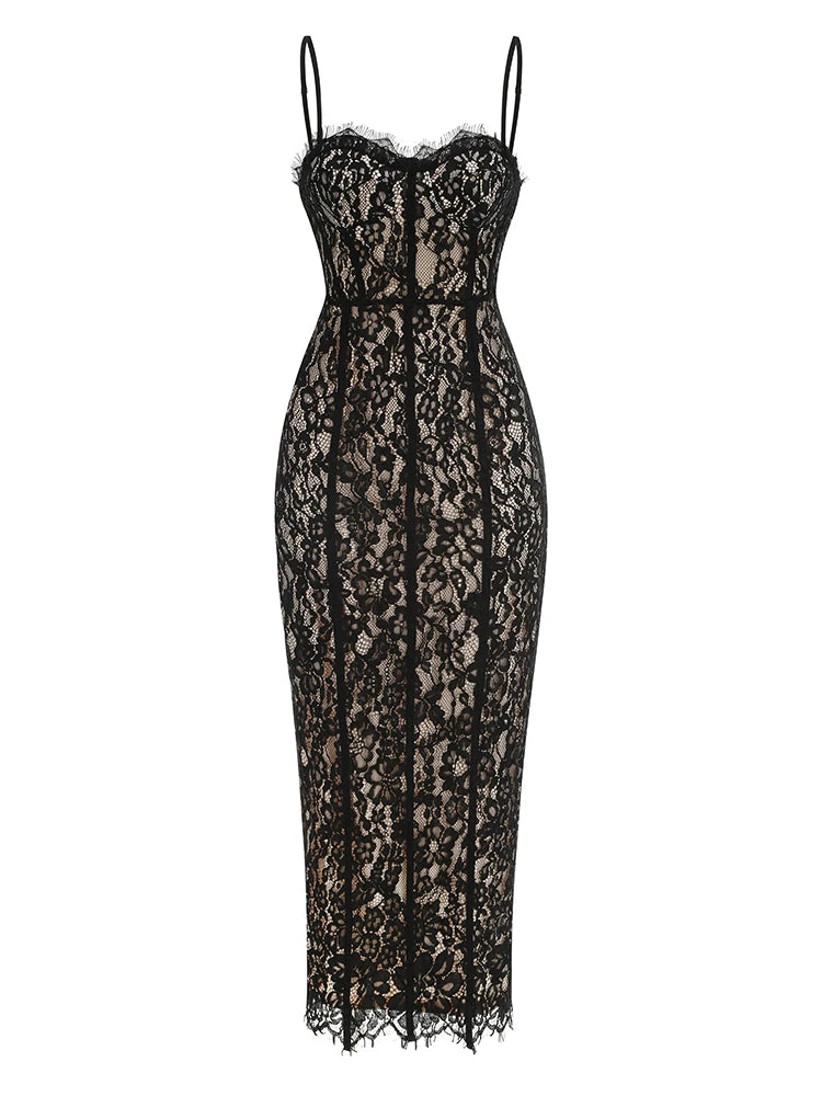 Women’s Lace Spaghetti Strap Maxi Dress – V-Neck Bodycon Gown