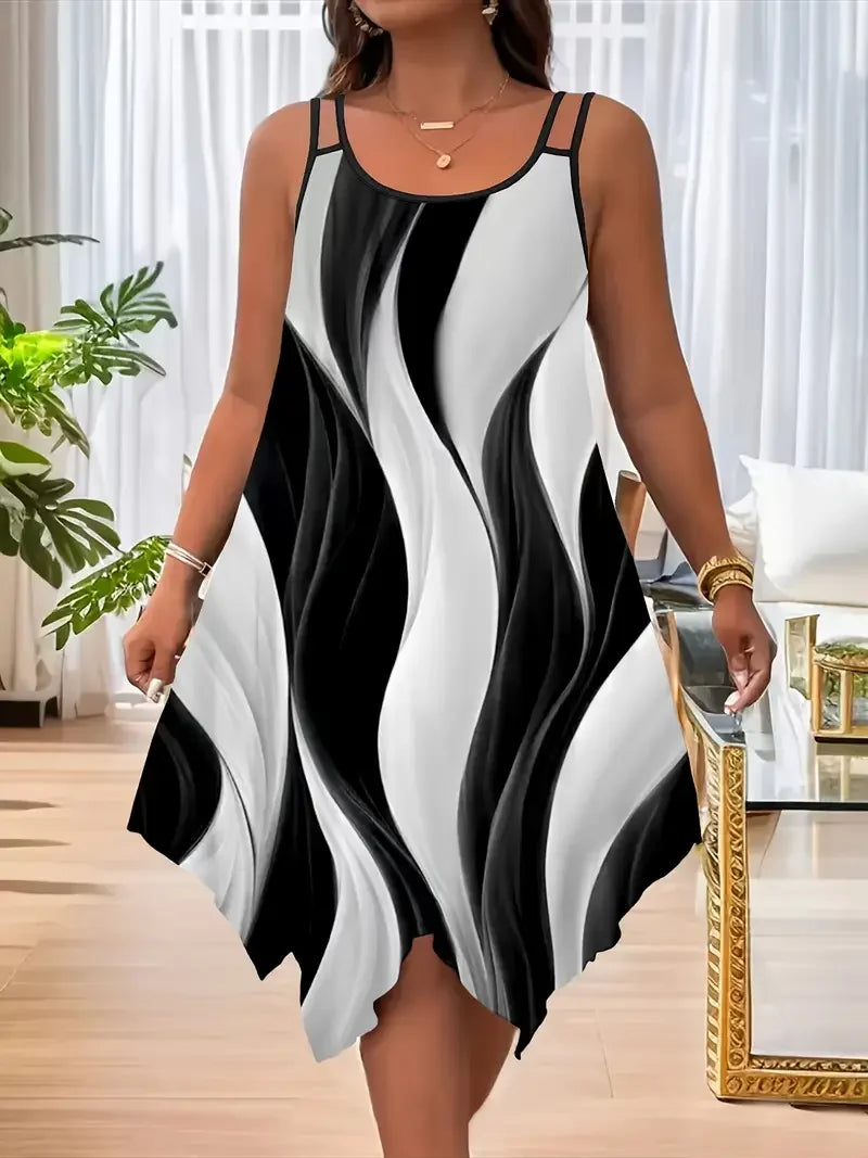 Plus Size Geometric Striped Dress β Double Strap Asymmetrical Style