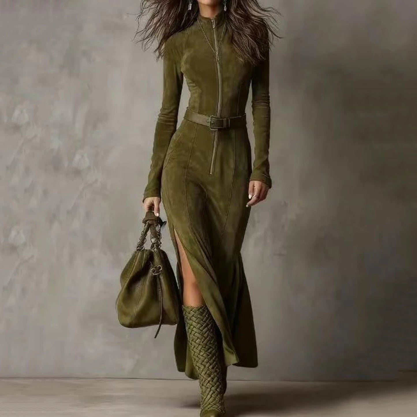 Women’s Ruched Wrap Maxi Dress – High Slit Ruffle Hem