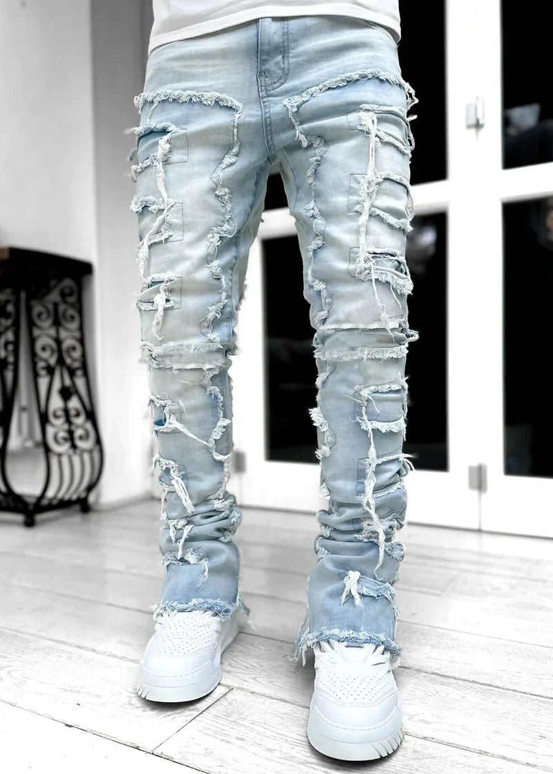 Men’s Ripped Stacked Jeans – Slim Fit Distressed Denim Pants
