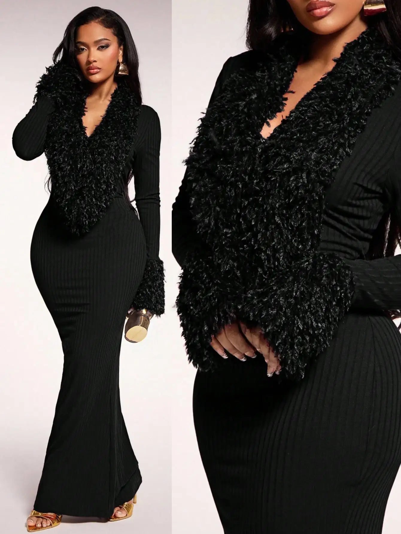 Burgundy Faux Fur Mermaid Maxi Dress – Elegant Evening Party Wear
