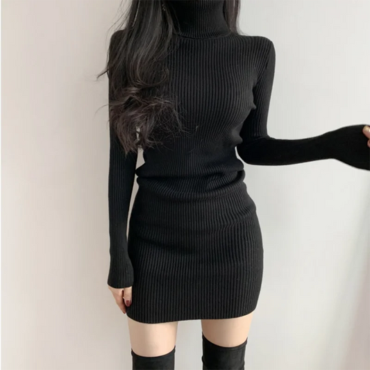 Women Turtleneck Knit Bodycon Dress 👗 | Warm Office Mini