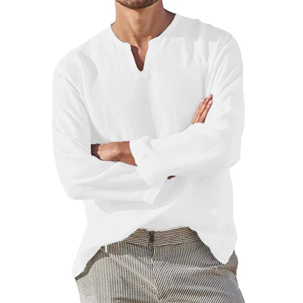 Men’s Cotton Linen V-Neck Casual Long Sleeve Shirt