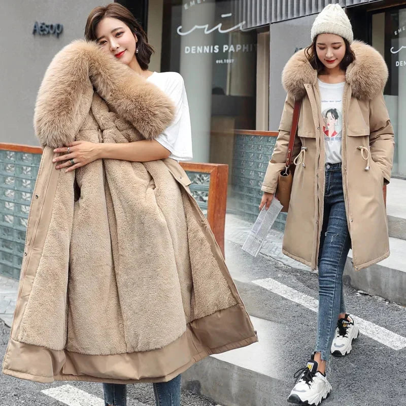 Women’s Winter Parka Coat – Long Hooded Fur Collar Jacket 6X