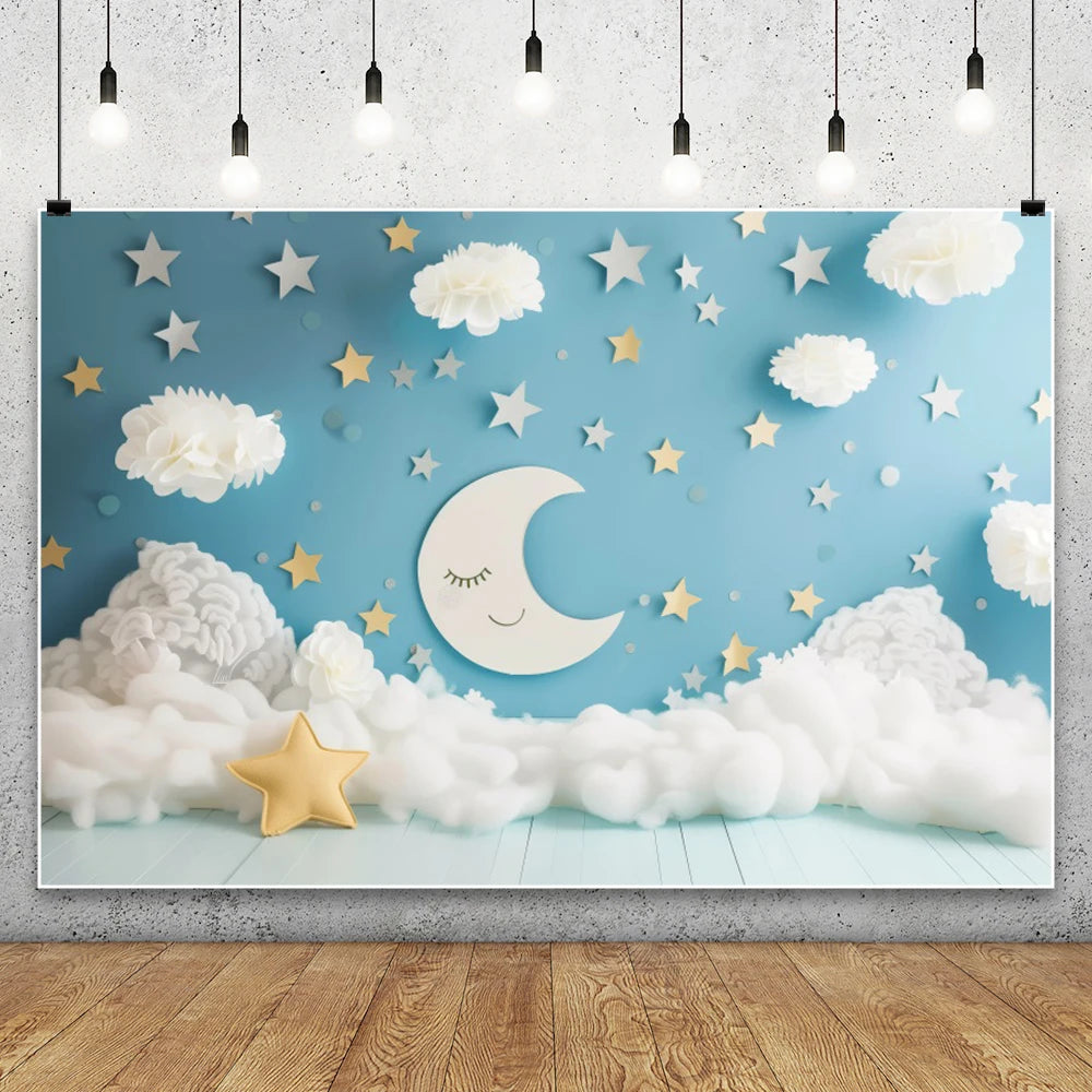 Blue Starry Sky Baby Shower & Birthday Backdrop | Cloud & Moon Party Photo Background