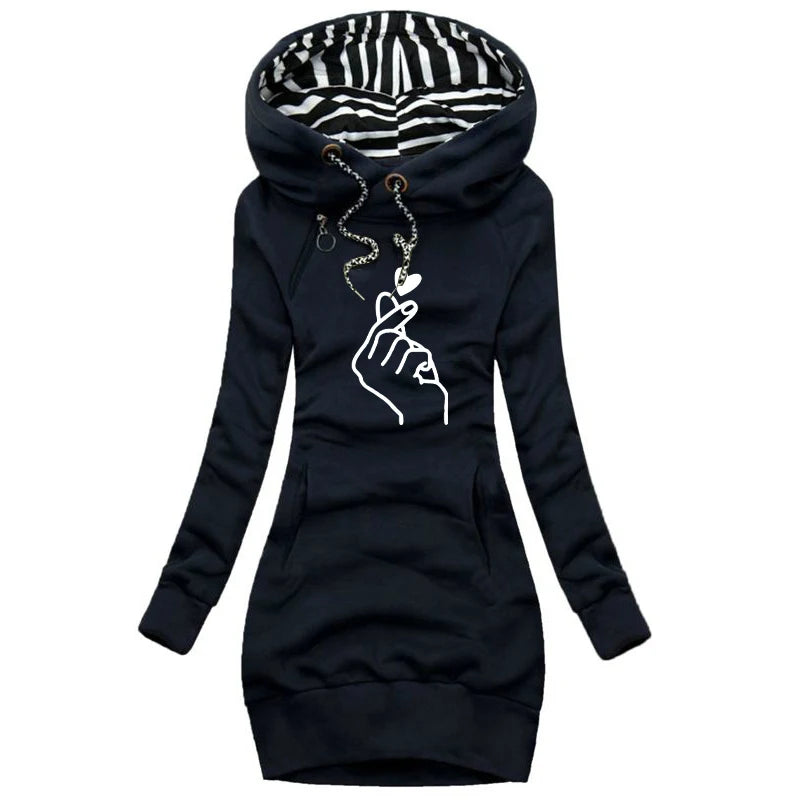 Women’s Hooded Knee-Length Dress – Casual Autumn Pullover Outfit