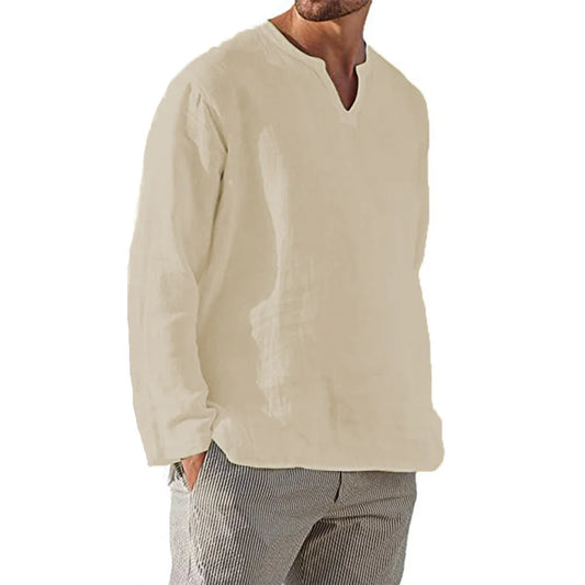 Men’s Cotton Linen V-Neck Casual Long Sleeve Shirt