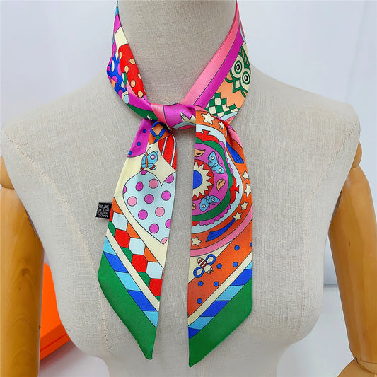 🧣 Glomexia Printed Silk Hair Scarf – Elegant Slim Fashion Wrap ✨