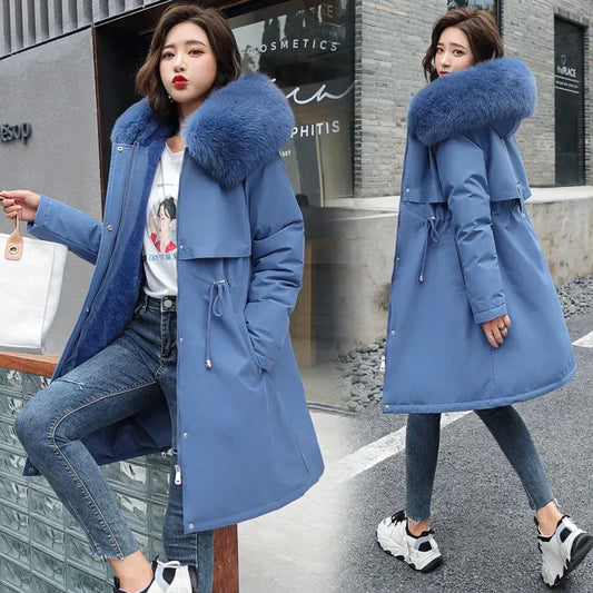 🧥 Women’s Winter Parka Coat – Long Hooded Fur Collar Jacket (6XL)