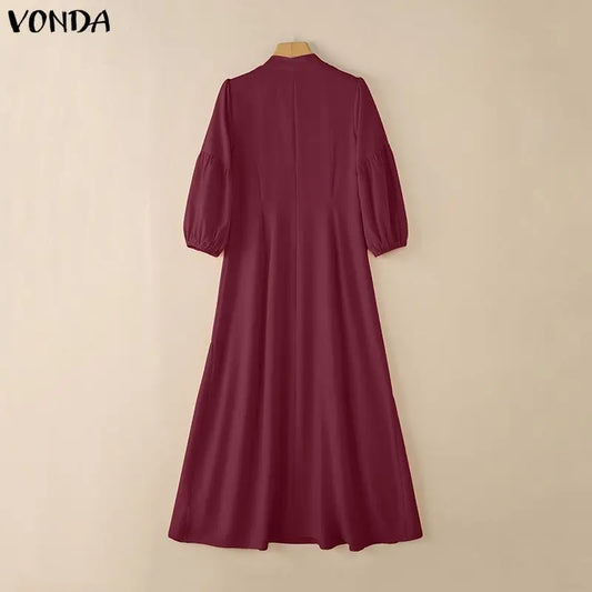Women’s Printed Maxi Dress – Stand Collar Lantern Sleeve