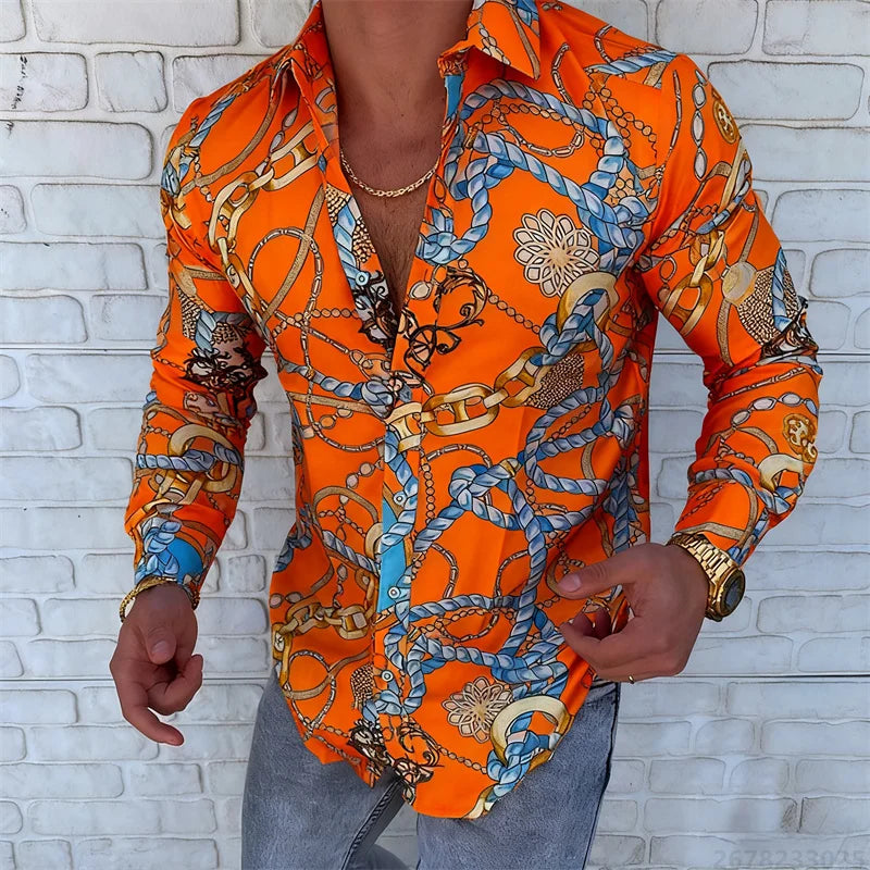 Men’s Luxury Chain Print Slim Fit Long Sleeve Shirt