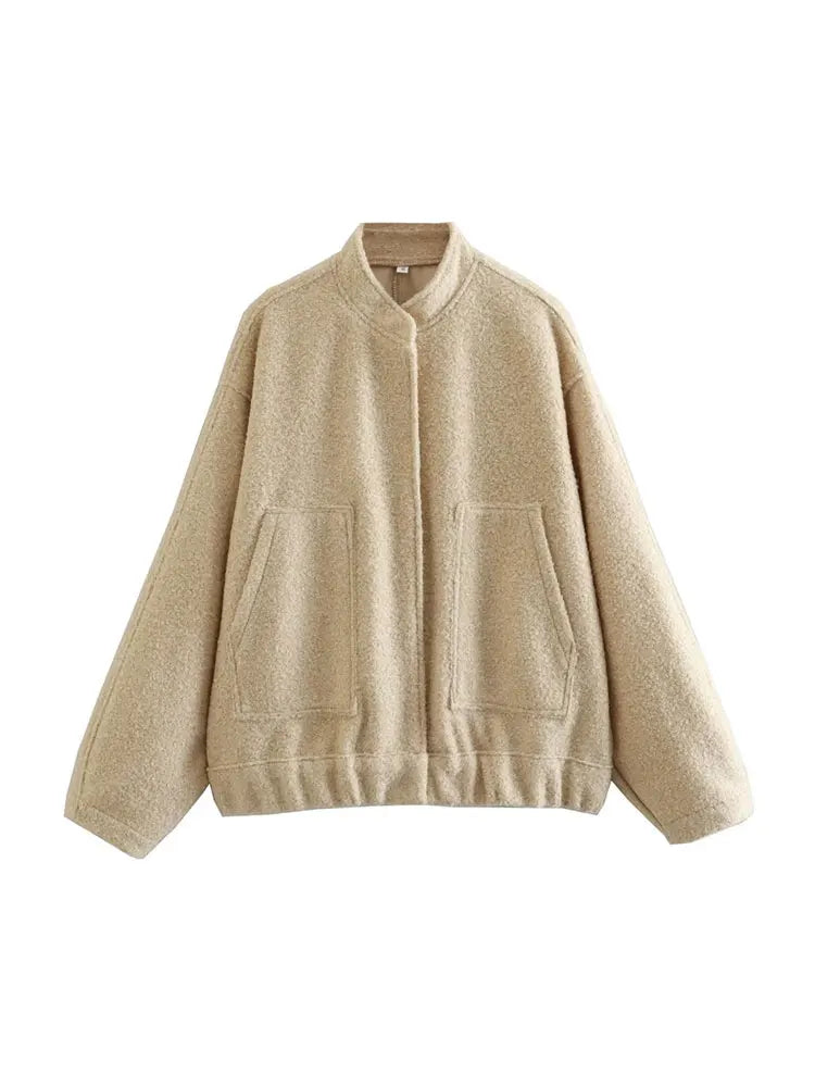 Women Oversized Bomber Jacket Vintage Snap Button Coat