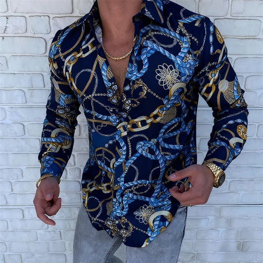 Men’s Luxury Chain Print Slim Fit Long Sleeve Shirt