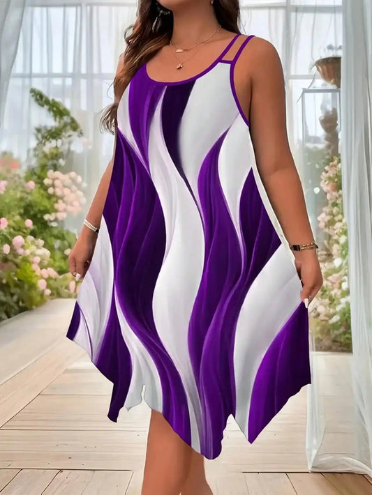 ✨ Plus Size Geometric Striped Dress – Double Strap Asymmetrical Style