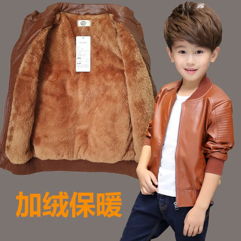 Premium Kids Plus Velvet PU Leather Winter Jacket