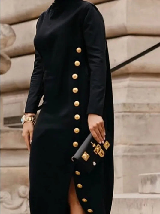 ✨ High Neck Black Maxi Dress – Button Split Office Evening Gown