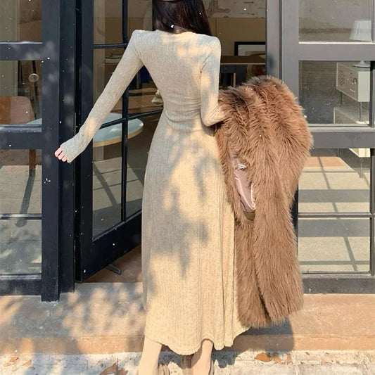 Women High-Waist Knit Long Dress 👗 | Warm Elegant Winter Wear