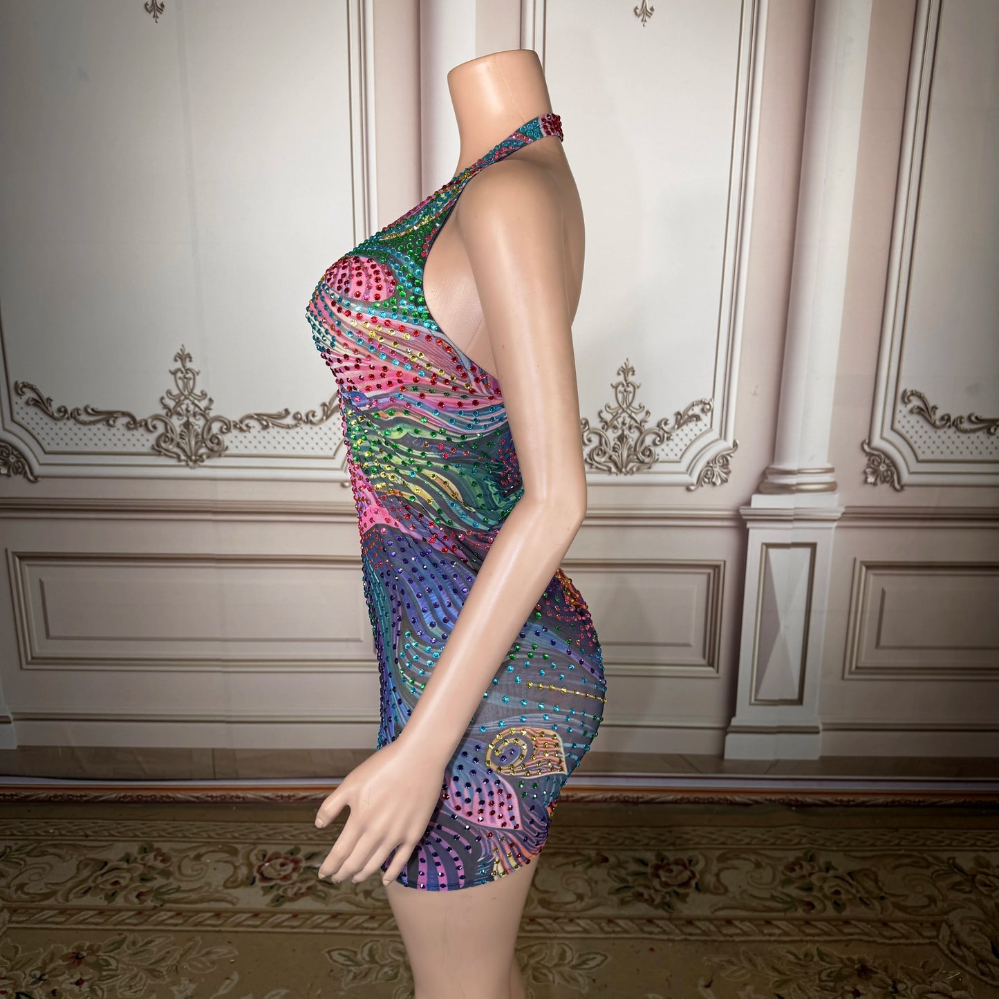 Women’s Patchwork Mini Dress – V-Neck Geometric Bodycon
