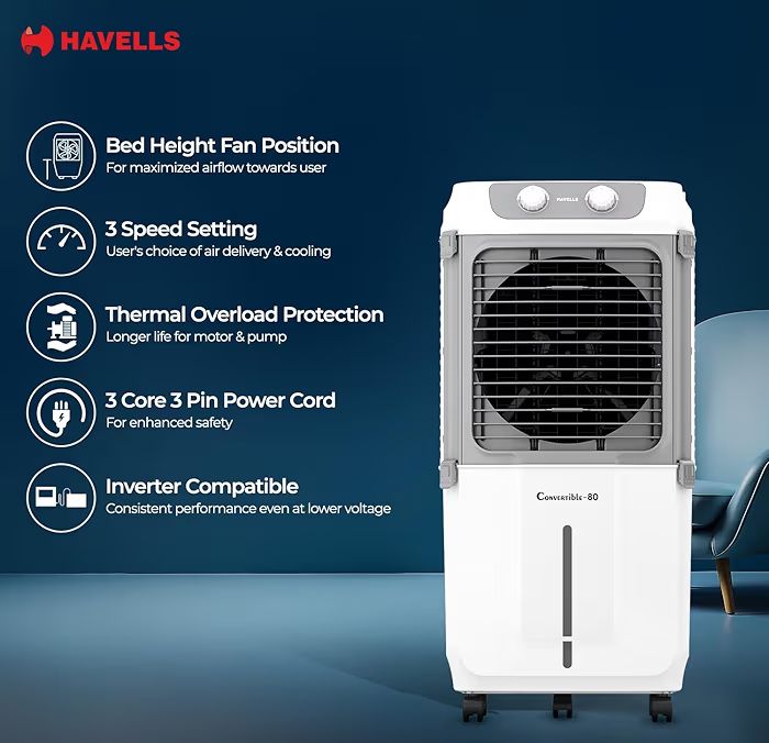 Havells 2-in-1 Convertible 80 L Desert Air Cooler for room| Dual functionality & easy storing| Can be used as side table| 5 Leaf Metal Blade Fan| Powerful Air-Delivery| Bacteria shield honeycomb pads