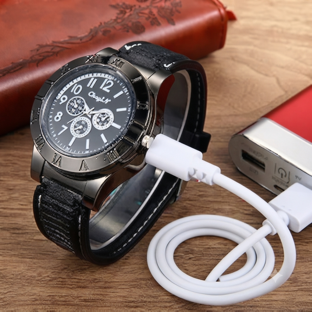 Glomexia Leather USB Rechargeable Flameless Lighter Analog Watch for Men | Windproof Electric Cigarette Lighter | Premium Black