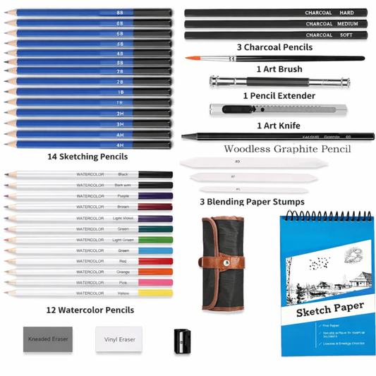 Professional Sketching Kit Set | Drawing Kit with Graphite, Charcoal, Watercolor Pencils & Sketchbook | Artist Kit for Beginners & Professionals