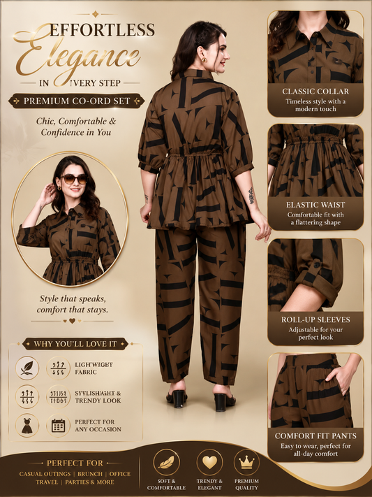 GLOMEXIA Women’s Blue Printed Peplum Co-Ord Set | Stylish Shirt Top with Elastic Waist Pants | Casual & Party Wear