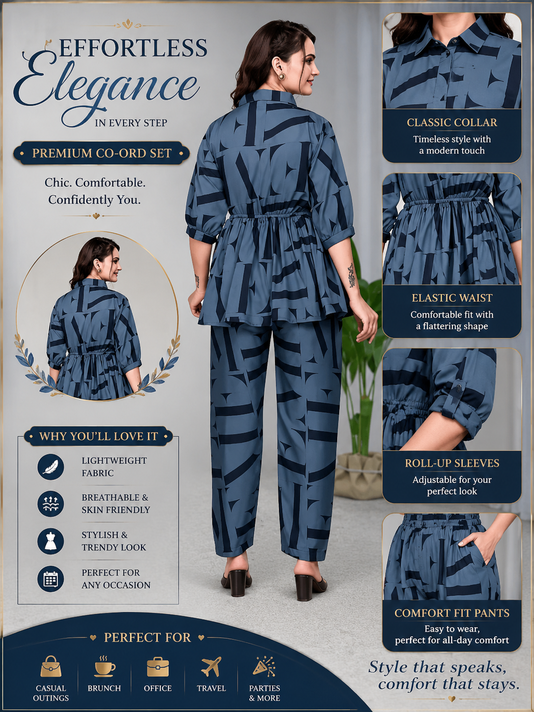 GLOMEXIA Women’s Blue Printed Peplum Co-Ord Set | Stylish Shirt Top with Elastic Waist Pants | Casual & Party Wear