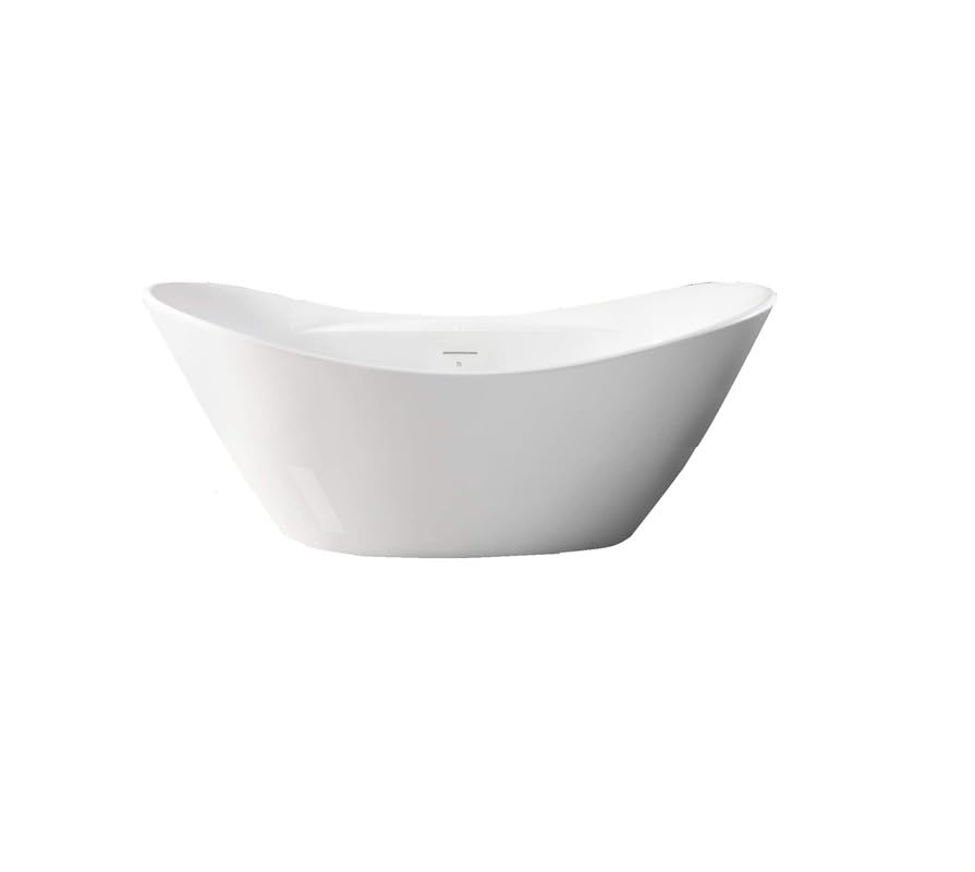 TAISOR Freestanding Bathtub 150 cm – White Glossy Acrylic Soaking Tub with Overflow Drain, Brass Pop-Up Waste & Waste Pipe, 6-Layer Reinforced Standalone Bath Tub