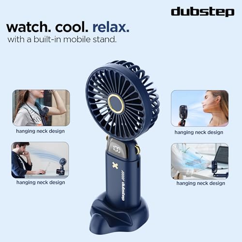 Dubstep Flo-Ice Mini Handheld USB Rechargeable Cooling Fan with Lanyard, LED Digital Display, 5x Speed Mode, 10,000 RPM, Built-in Chiller Tech, Multi-Angle Adjustment, Purple/Black