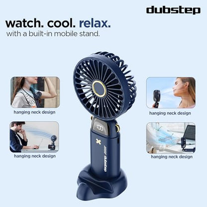 Dubstep Flo-Ice Mini Handheld USB Rechargeable Cooling Fan with Lanyard, LED Digital Display, 5x Speed Mode, 10,000 RPM, Built-in Chiller Tech, Multi-Angle Adjustment, Purple/Black