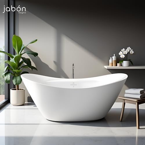 TAISOR Freestanding Bathtub 150 cm – White Glossy Acrylic Soaking Tub with Overflow Drain, Brass Pop-Up Waste & Waste Pipe, 6-Layer Reinforced Standalone Bath Tub