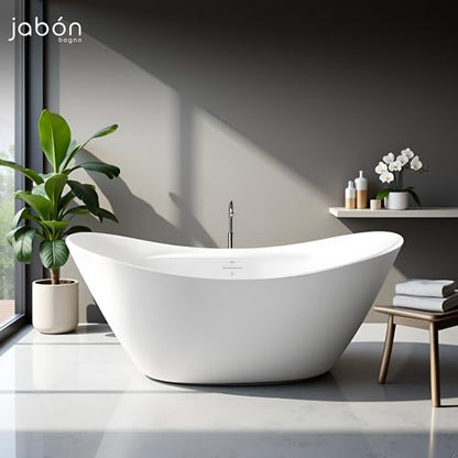 TAISOR Freestanding Bathtub 150 cm – White Glossy Acrylic Soaking Tub with Overflow Drain, Brass Pop-Up Waste & Waste Pipe, 6-Layer Reinforced Standalone Bath Tub