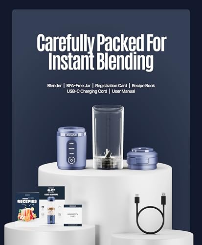 OWNAIR Portable Blender | Smoothie & Juice Maker | 180W Blender Mixer Grinder | 5000mAh Rechargeable Portable Juicer | 450ml High Borosilicate Glass Jar | Baby Food & Smoothie Maker | Grey & Purple