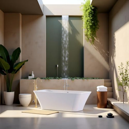 TAISOR Freestanding Bathtub 150 cm – White Glossy Acrylic Soaking Tub with Overflow Drain, Brass Pop-Up Waste & Waste Pipe, 6-Layer Reinforced Standalone Bath Tub