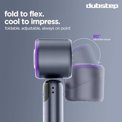 Dubstep Flo-Ice Mini Handheld USB Rechargeable Cooling Fan with Lanyard, LED Digital Display, 5x Speed Mode, 10,000 RPM, Built-in Chiller Tech, Multi-Angle Adjustment, Purple/Black