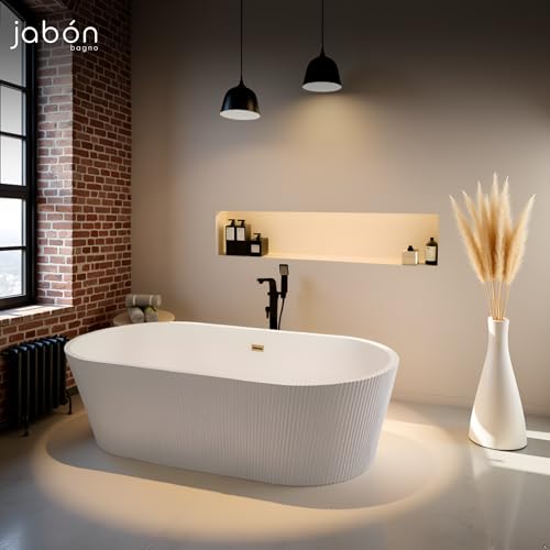 TAISOR Freestanding Bathtub 150 cm – White Glossy Acrylic Soaking Tub with Overflow Drain, Brass Pop-Up Waste & Waste Pipe, 6-Layer Reinforced Standalone Bath Tub